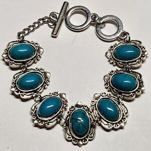 🌿 Boho Chic Faux Turquoise Silver Ornate Link Bracelet